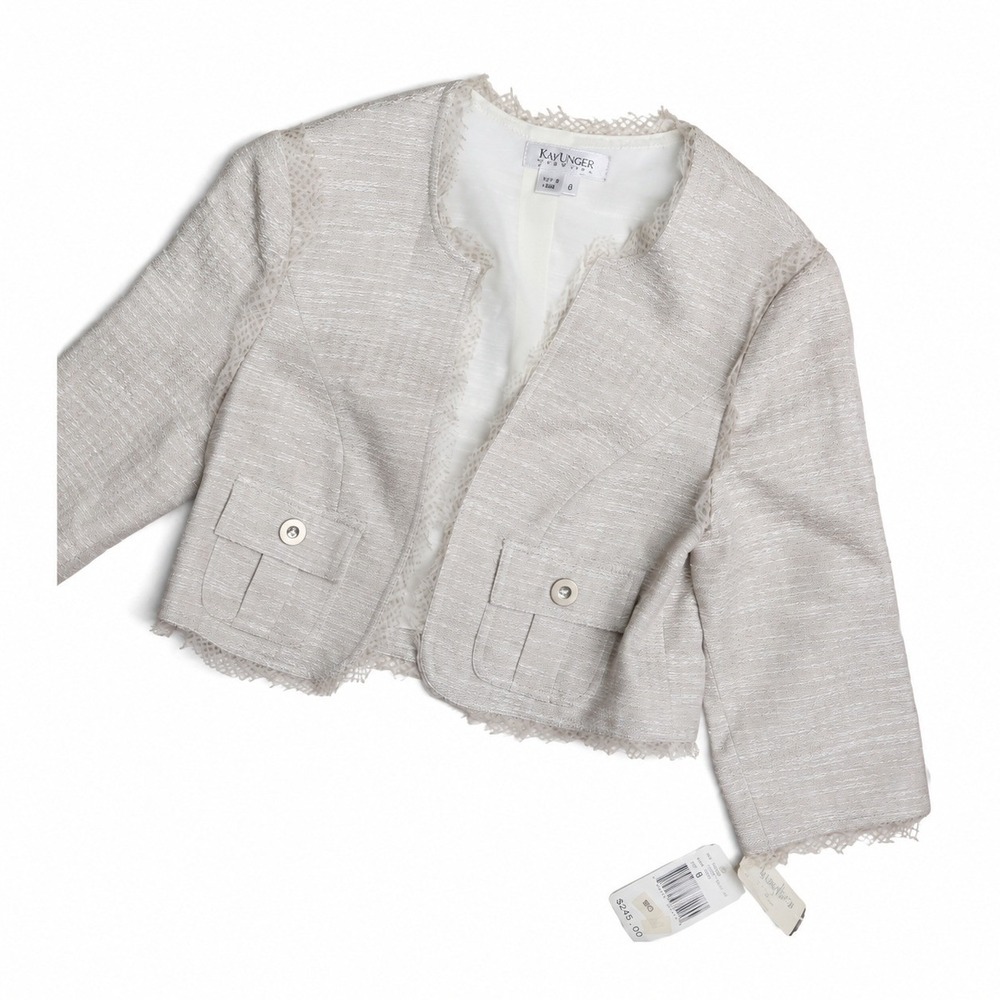 Kay Unger Tweed Jacket Womens 8 Cream Cotton Silk Fringe NWT $245 Short Blazer